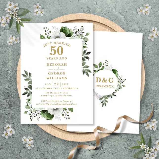 Gold 50th Wedding Anniversary Monogram Floral  Invitation (Gold 50th Wedding Anniversary Monogram Floral Invitation)