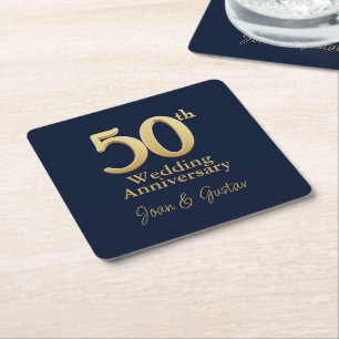 Gold 50th Wedding Anniversary   Navy Blue Square Paper Coaster