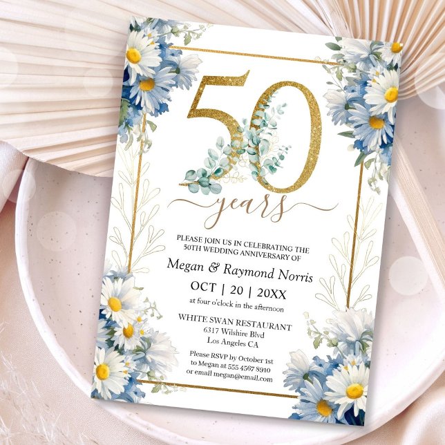 Gold 50th Wedding Anniversary Party Wild Daisy Invitation (Creator Uploaded)
