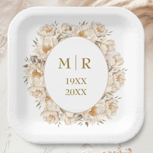 Gold 50th Wedding Anniversary Peony Floral Paper Plate
