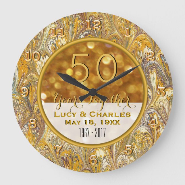 Gold 50th Wedding Anniversary Personalised Large Clock (Front)