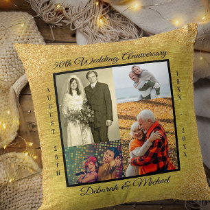 Gold 50th Wedding Anniversary Photo Collage Cushion