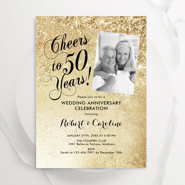 Gold 50th Wedding Anniversary Photo Invitation (Creator Uploaded)