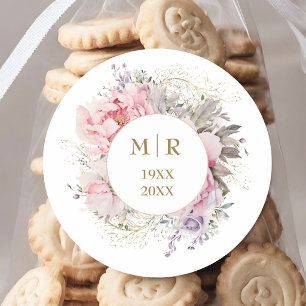 Gold 50th Wedding Anniversary Pink Peony Floral Classic Round Sticker