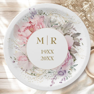 Gold 50th Wedding Anniversary Pink Peony Floral Paper Plate