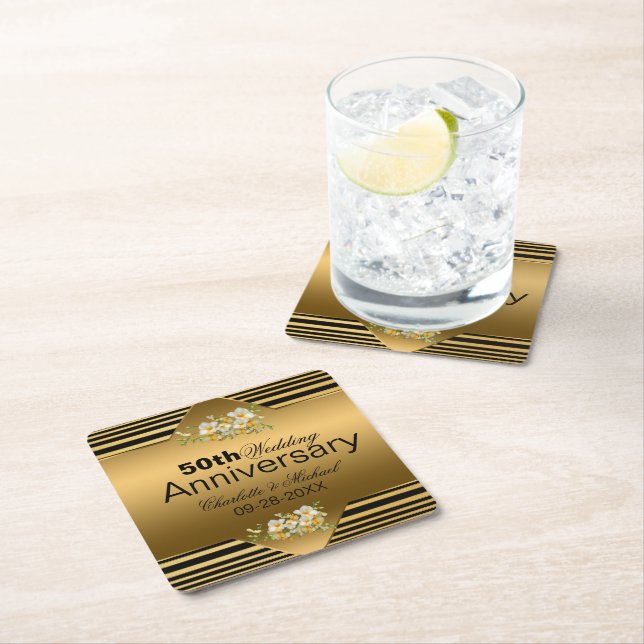 Gold 50th Wedding Anniversary Square Paper Coaster (Insitu)