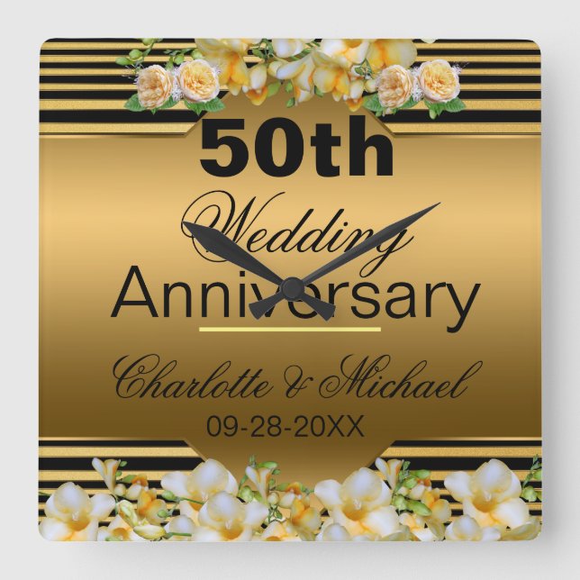 Gold 50th Wedding Anniversary Square Wall Clock (Front)