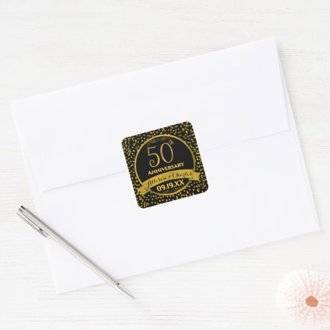 Gold 50th Wedding Date Anniversary  Square Sticker (Envelope)