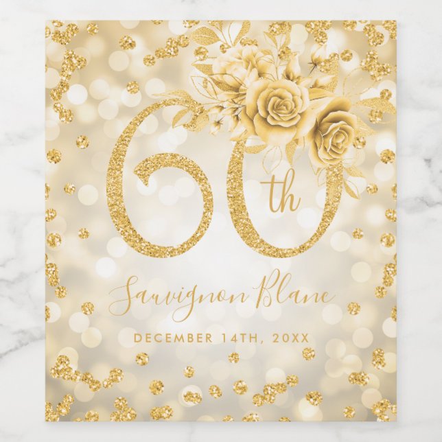 Gold 60th Birthday Floral Glam Lights  Wine Label (Single Label)