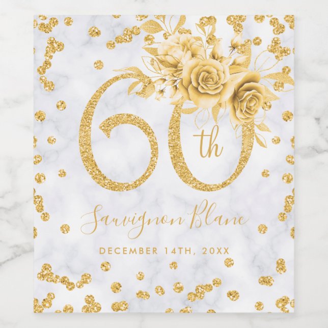 Gold 60th Birthday Floral Marble Glam Lights Wine Label (Single Label)