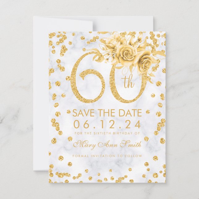 Gold 60th Birthday Glam Marble  Save The Date (Front)