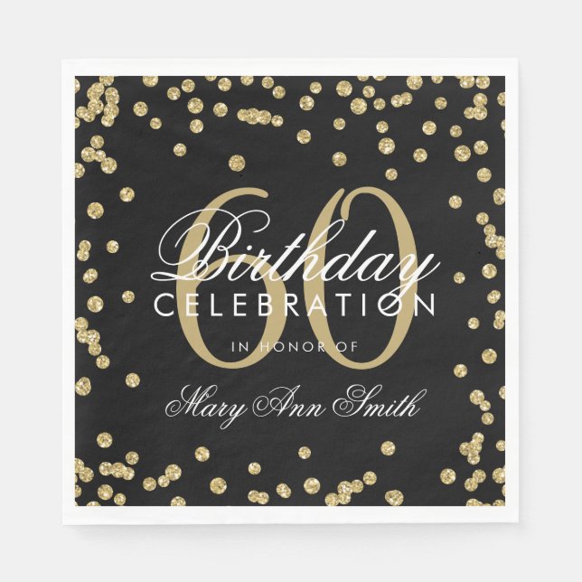 Gold 60th Birthday Glitter Confetti Black Napkin (Front)
