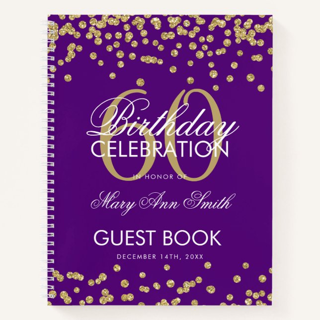 Gold 60th Birthday Guestbook Confetti Purple Notebook (Front)