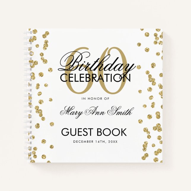 Gold 60th Birthday Guestbook Confetti White Notebook (Front)