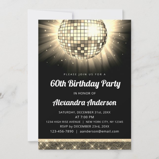 Gold 60th Birthday Party 70's Disco Ball Invitation (Front)