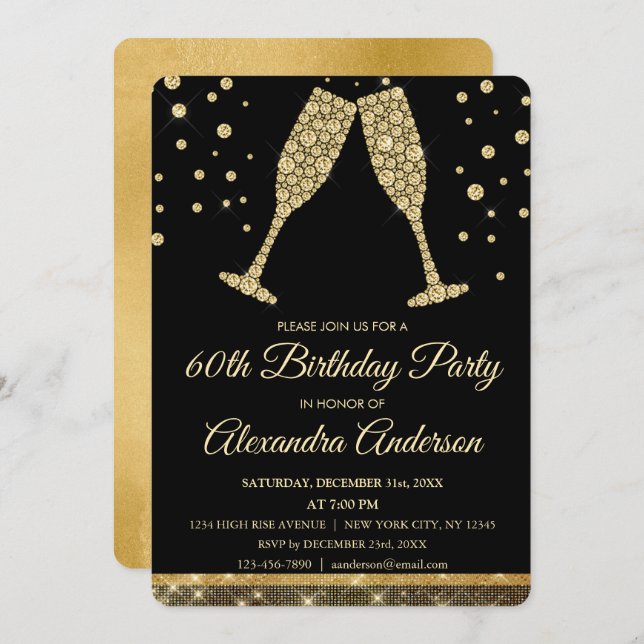 Gold 60th Birthday Party Diamond Champagne Glass Invitation (Front/Back)