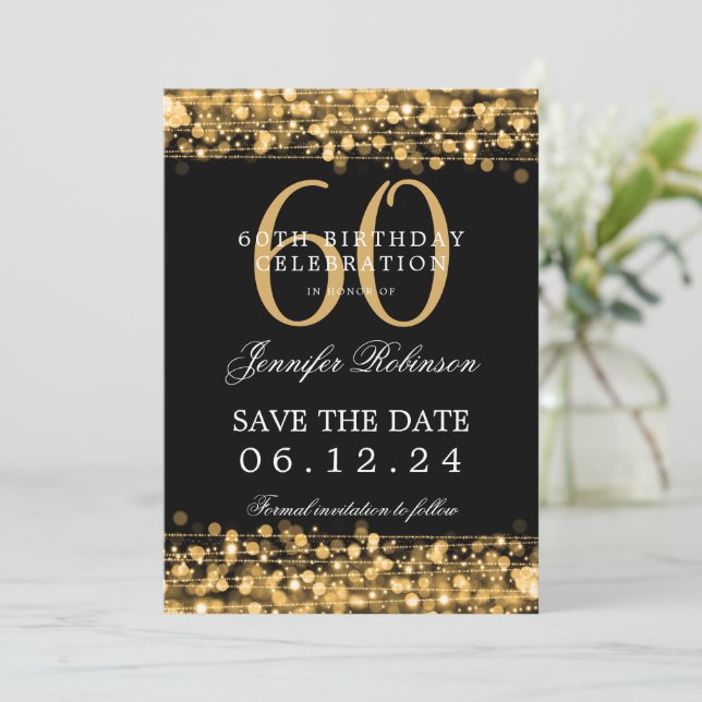 Gold 60th Birthday Save the Date w/ Details Invitation (Standing Front)