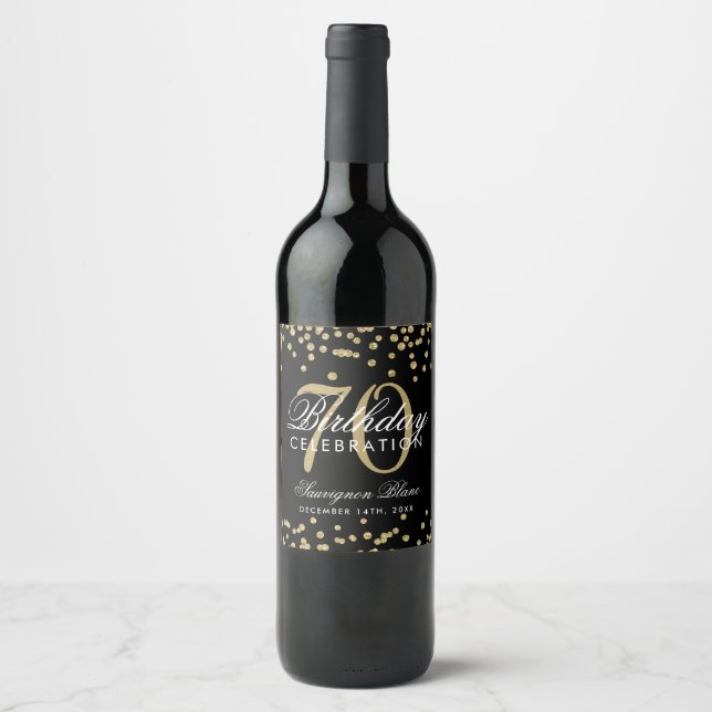 Gold 70th Birthday Glitter Confetti Black Wine Label (Front)