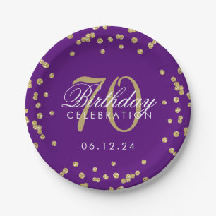 Gold 70th Birthday Glitter Confetti Purple Paper Plate