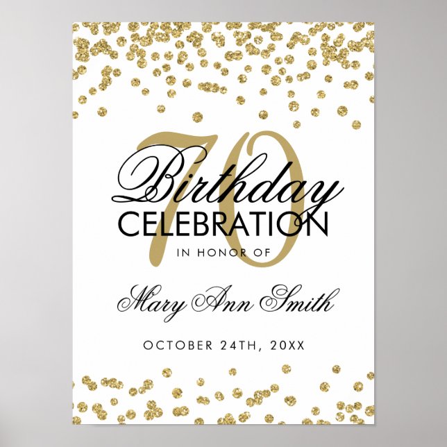 Gold 70th Birthday Glitter Confetti White Poster (Front)