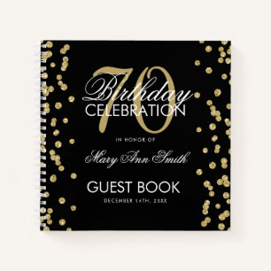 Gold 70th Birthday Guestbook Confetti Black Notebook