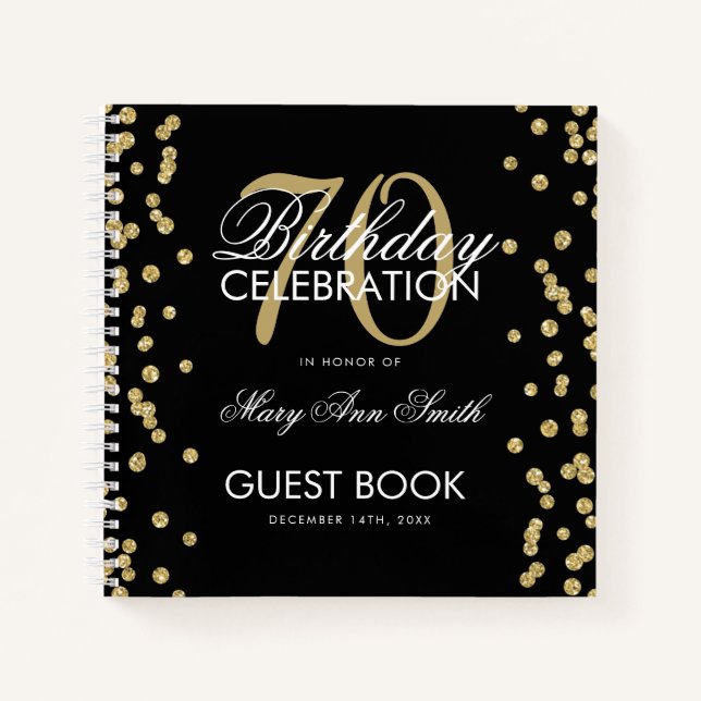 Gold 70th Birthday Guestbook Confetti Black Notebook (Front)