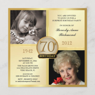 Gold 70th Birthday Invitations Then & Now 2 Photos