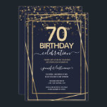 Gold 70th Birthday Party Blue Gold Invitation<br><div class="desc">Elegant Faux gold border with shimmering confetti highlights on the top border. All text is adjustable and easy to change for your own party needs. Great elegant 70th birthday template design.</div>