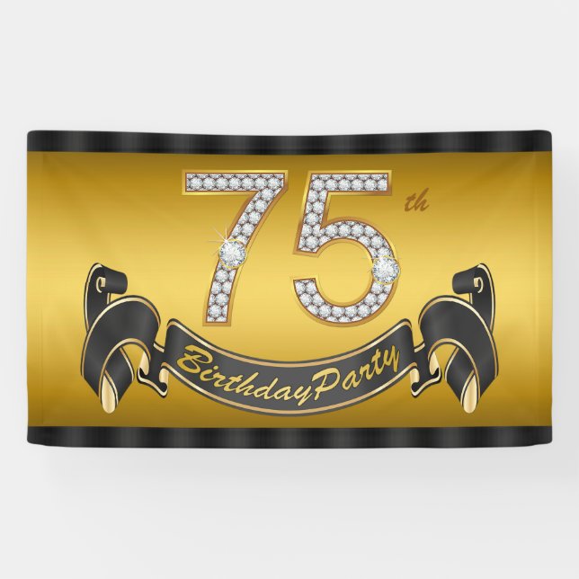 Gold 75th Birthday Party Banner (Horizontal)
