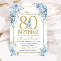 Gold 80th Birthday Dusty Blue Floral Surprise