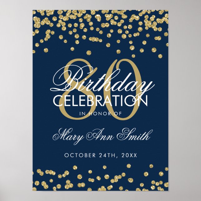 Gold 80th Birthday Glitter Confetti Navy Blue Poster (Front)