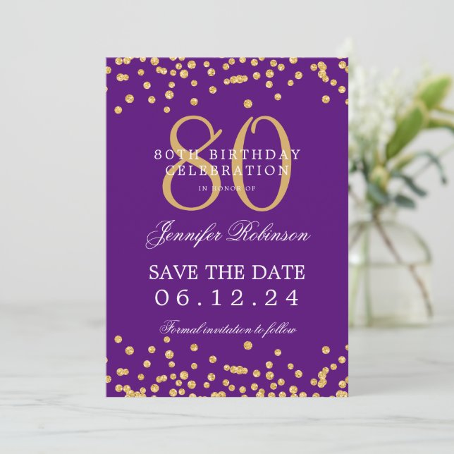 Gold 80th Birthday Save the Date Confetti Purple  Invitation (Standing Front)