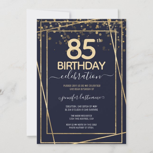 Gold 85th Birthday Party Blue Gold Invitation (Front)