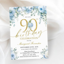 Gold 90th Birthday Dusty Blue Elegant Floral 