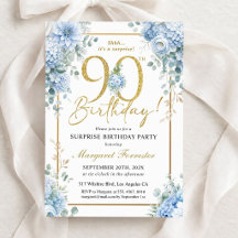 Gold 90th Birthday Dusty Blue Floral Surprise