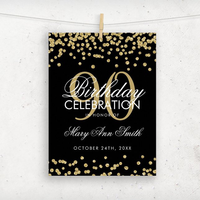 Gold 90th Birthday Glitter Confetti Black Poster (Creator Uploaded)