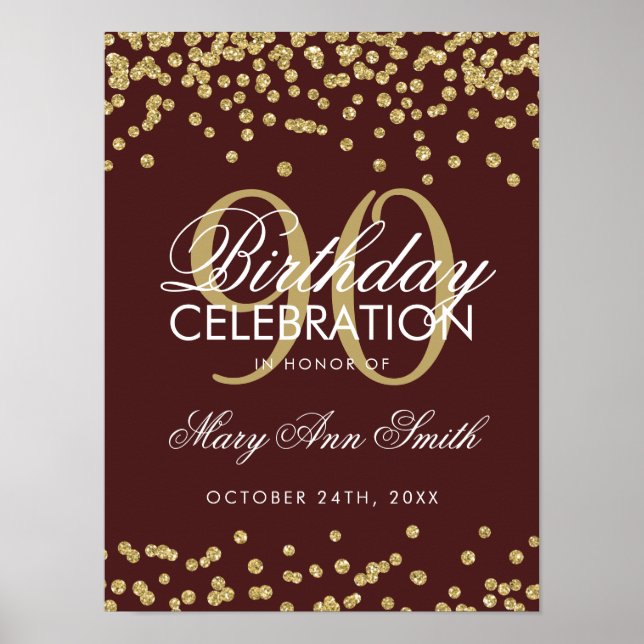 Gold 90th Birthday Glitter Confetti Burgundy Poster (Front)