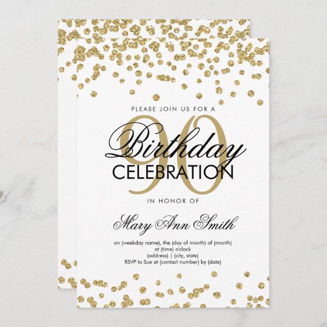 Gold 90th Birthday Glitter Confetti Invitation (Front/Back)