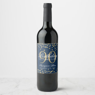 Gold 90th Birthday Glitter Confetti Navy Blue Wine Label