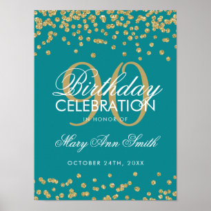 Gold 90th Birthday Glitter Confetti Teal Poster