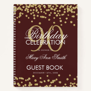 Gold 90th Birthday Guestbook Confetti Burgundy Notebook