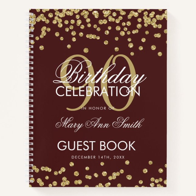 Gold 90th Birthday Guestbook Confetti Burgundy Notebook (Front)