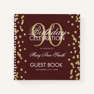 Gold 90th Birthday Guestbook Confetti Burgundy Notebook