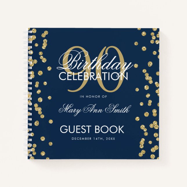 Gold 90th Birthday Guestbook Confetti Navy Blue Notebook (Front)