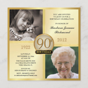 Gold 90th Birthday Invitations Then & Now 2 Photos