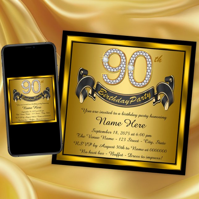 Gold 90th Birthday Party Invitation (Classy 90th birthday party invitation. Instant download and printed invitations available.)