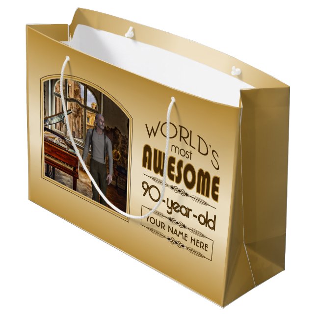 Gold 90th Birthday World’s Best Custom Photo Frame Large Gift Bag (Back Angled)
