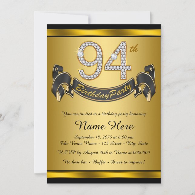 Gold 94th Birthday Party Invitation (Front)