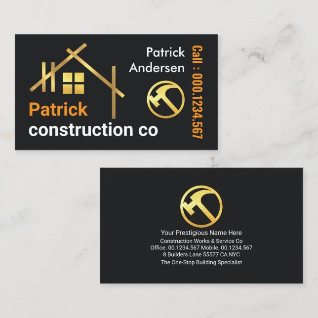 Gold A-Frame Roof Building Business Card (Front/Back)