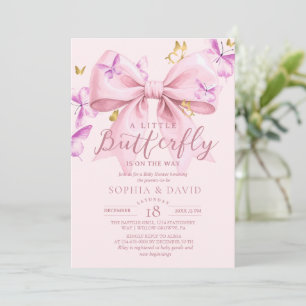 Gold A Little Butterfly  Pink Bow Baby Shower  Invitation